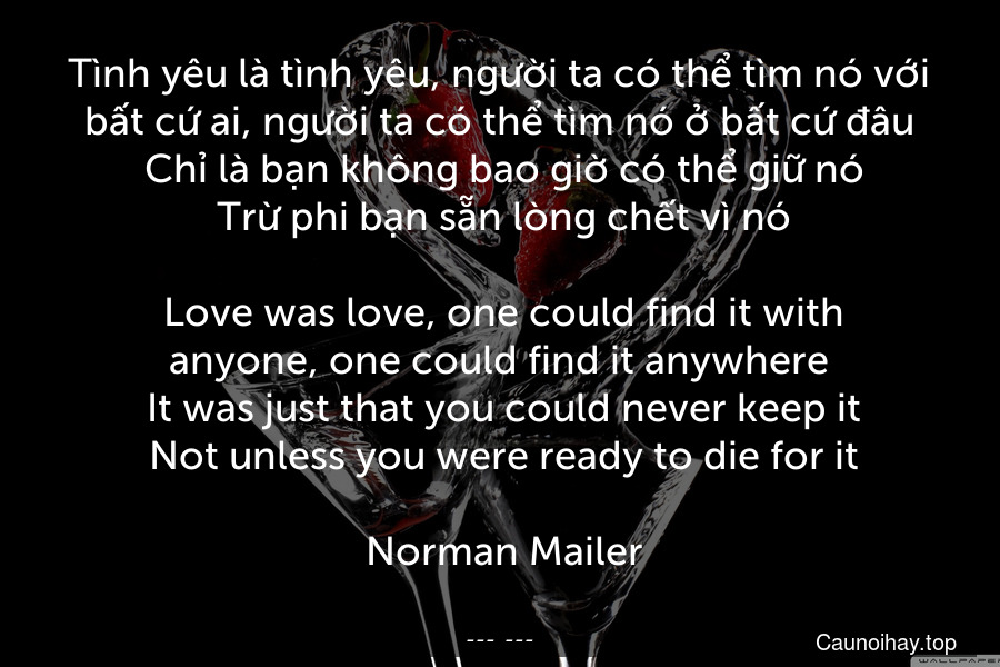 Tình yêu là tình yêu, người ta có thể tìm nó với bất cứ ai, người ta có thể tìm nó ở bất cứ đâu. Chỉ là bạn không bao giờ có thể giữ nó. Trừ phi bạn sẵn lòng chết vì nó.
 Love was love, one could find it with anyone, one could find it anywhere. It was just that you could never keep it. Not unless you were ready to die for it.
 Norman Mailer