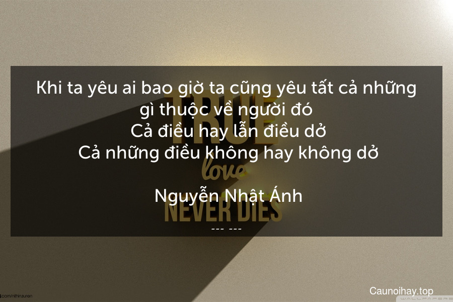 Khi ta yêu ai bao giờ ta cũng yêu tất cả những gì thuộc về người đó. Cả điều hay lẫn điều dở. Cả những điều không hay không dở.
 Nguyễn Nhật Ánh