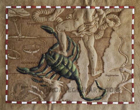 Photo of Cave Geek Art's Zodiac Collection Scorpius Constellation Map burned on buckskin leather and painted with primitive tools.