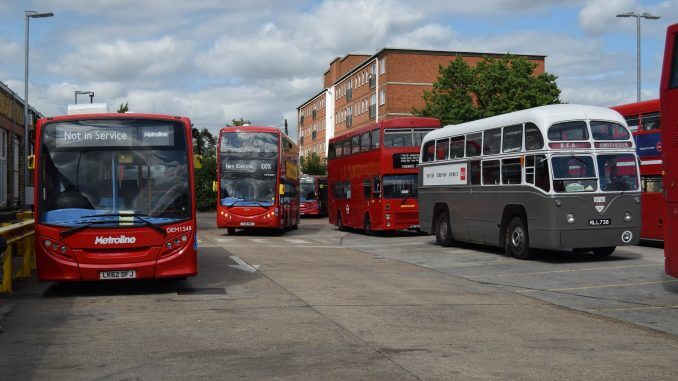 Also present was ByeWays Vintage Bus Hire of Aldington’s 1952 British European Airways AEC Regal IV half-deck airport coach, seen with a preserved MCW Metrobus originally built to Airbus specification and the newly-delivered Optare Metrodecker EV