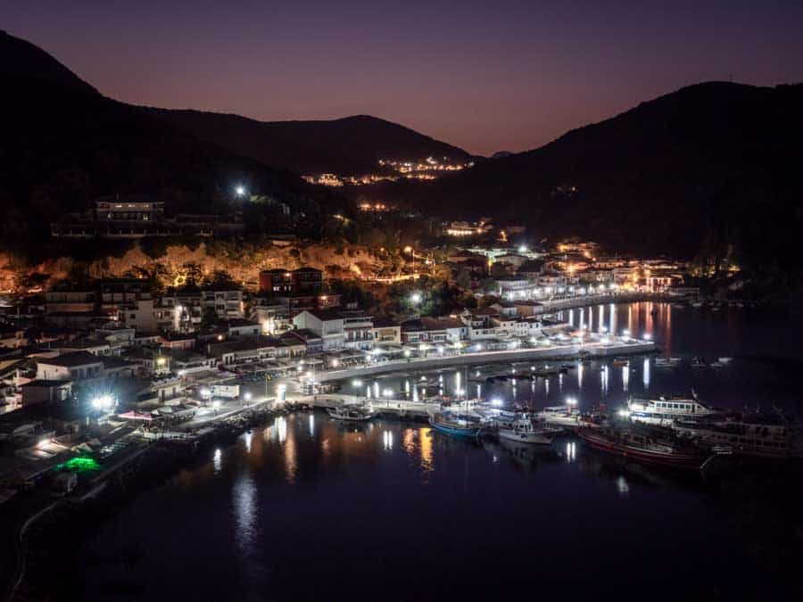 Parga lit up just before sunrise photographed from Parga Castle