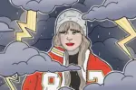 Illustration of Taylor Swift in Kansas City Chiefs Jacket in storm clouds.