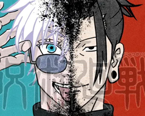 In this article, about how the production of the second season of the popular anime Jujutsu Kaisen brings attention to the ethical issues in the animation industry, the faces of two men are fused together against a bisected background with a black substance sticking out between their fusion point. The leftward man has white hair and blue eyes and is tipping his sunglasses with a flick of his hand, sticking his tongue out. The rightward man has black hair tied up into a bun, bang hanging down around his dark eyes as he smirk at the audience; a black earring is studded through his ear. On the left the background is colored turquoise, on the right red and kanji is printed boldly against the screen.