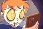 A young man with a blue shirt and orange hair stares, nay, is transfixed by smartphone. His eyes swirl in a whirling pool of red and yellow, drool crawling down his chin as the phone's light shines brightly in his face, contrasting against the dark purple background.