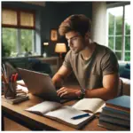 Graphic image of student studying at a desk in front of a laptop.