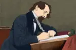 A balding man with brown hair and beard in a black seat sits in a brown chair at a desk in front of grey-green background. He is writing intently on a crisp sheet of paper, quill in hand, inkwell before him, maroon book to his side, as be brings his story to life.