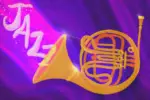 A golden French horn shines against a glossy purple background, flickering in misty streams like the northern lights. A forceful, shining beam of energy erupts from the horn's head, contrasting against the muted tones of the background with its glittering hues. The word "JAZZ" floats out from the horn, into the float, rendered in a phosphorus, cloud-like texture.