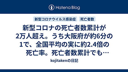 新型コロナの死亡者数累計が2万人超え。うち大阪府が約6分の1で、全国平均の実に約2.4倍の死亡率。死亡者数累計でも東京都をまたしても逆転 - kojitakenの日記