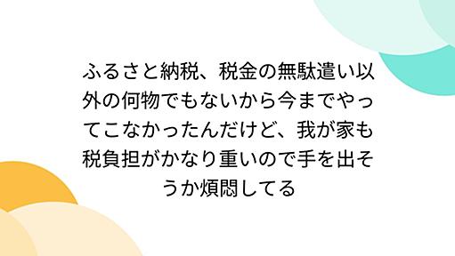 ふるさと納税、税金の無駄遣い以外の何物でもないから今までやってこなかったんだけど、我が家も税負担がかなり重いので手を出そうか煩悶してる