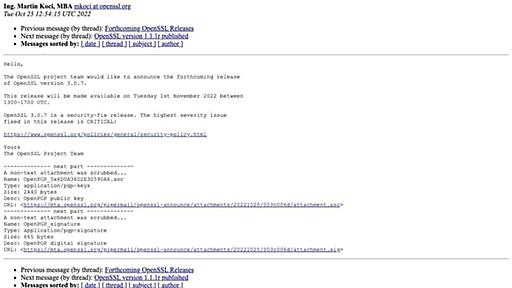 OpenSSL、緊急の脆弱性のセキュリティ修正版を11月1日に公開