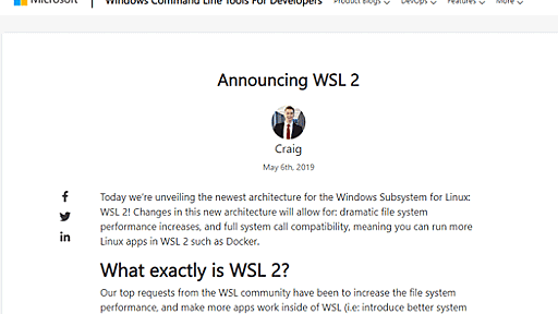 ［速報］Windows上でフル互換のLinuxシステムコールを実現する「WSL 2」発表、Dockerも実行可能に。Microsoft Build 2019