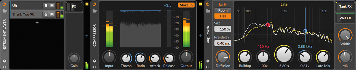 Instrument LayerのFX Chainには、CompressorとReverbを挿した。これらのエフェクトを使うことで、2つのSamplerのサウンドに一体感が生まれる