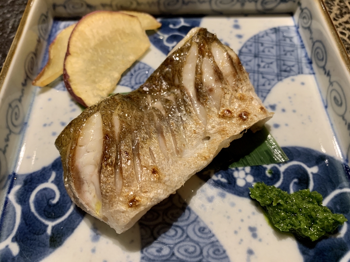 日本料理　暦（こよみ）のかますの塩焼き　葱醤油