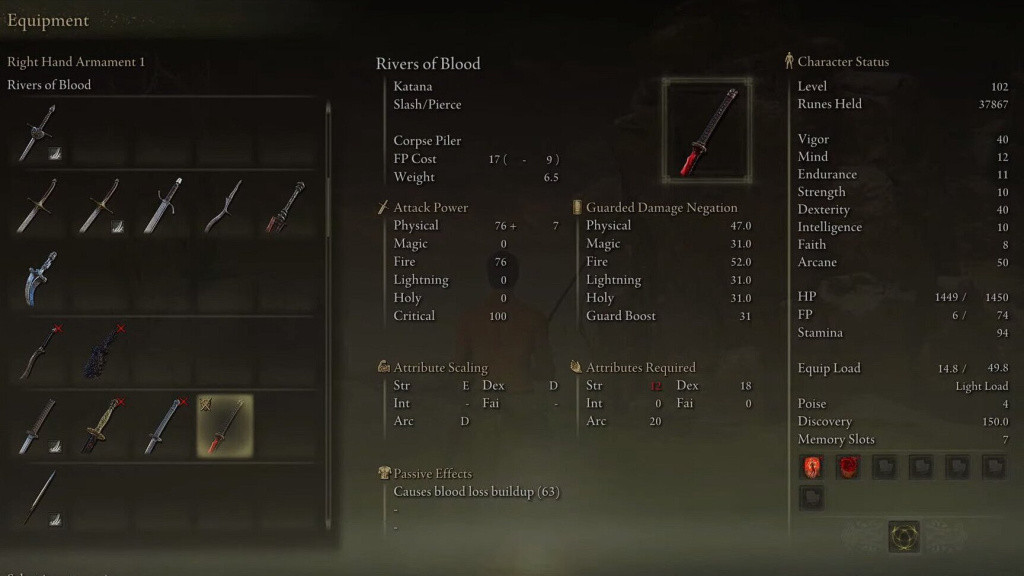 elden ring weapons guide best katana rivers of blood weapon stats attributes