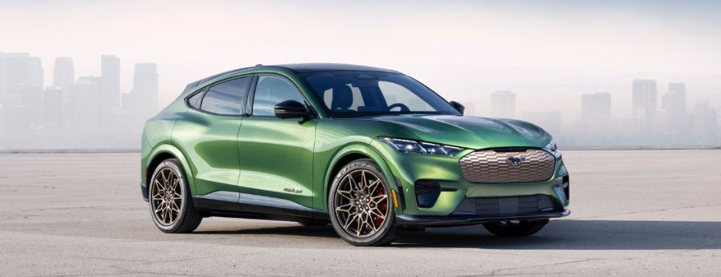 Front-quarter view of the 2024 Ford Mustang Mach-E Green