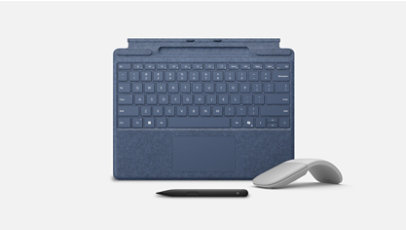 A Surface Pro Signature Keyboard in Sapphire with an Arc Mouse in Light Grey and Slim Pen 2.