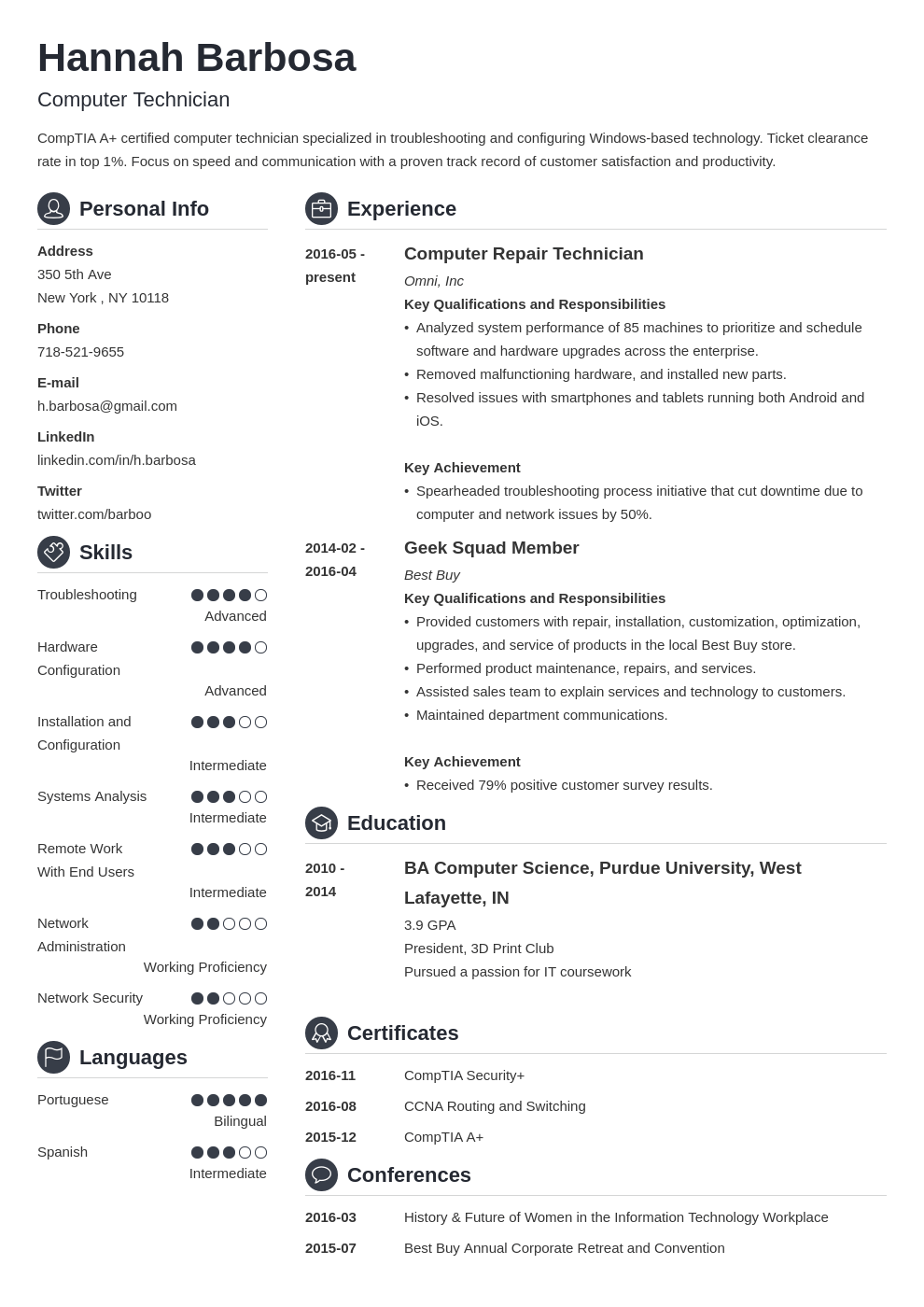 Computer Technician Resume Sample & Job Description