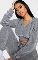 PRETTYLITTLETHING Shape Grey Velour Diamante Extreme Crop Sweatshirt