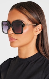 PRETTYLITTLETHING Black Branded Oversized Square Sunglasses