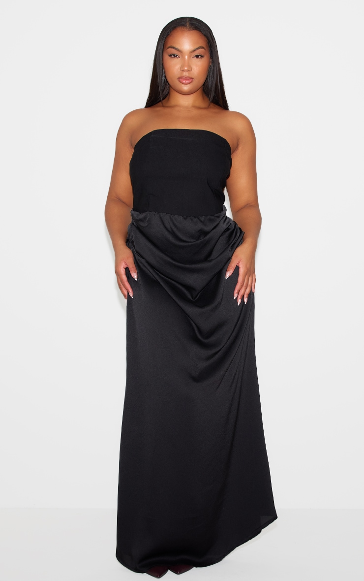 Plus Black Bandeau Ruched Satin Maxi Dress