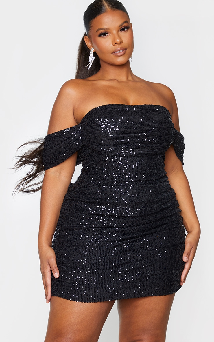 Plus Black Sequin Bardot Bodycon Dress