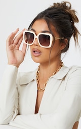 PRETTYLITTLETHING Cream Branded Oversized Square Sunglasses