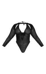 Plus Black Sheer Knit Bodysuit With Sleeves