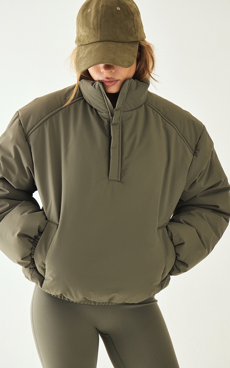  Olive High Neck Cropped Puffer Jacket