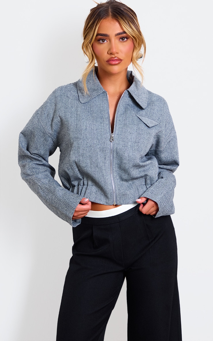 Grey Textured Collar Detail Cropped Bomber Jacket