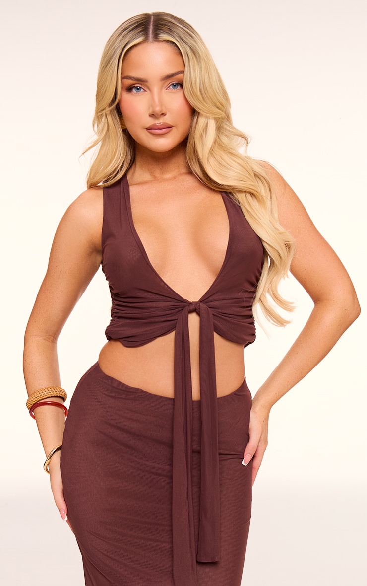  Chocolate Mesh Plunge Ruched Long Top