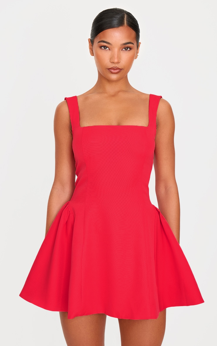 Red Hip Pleated Shift Dress