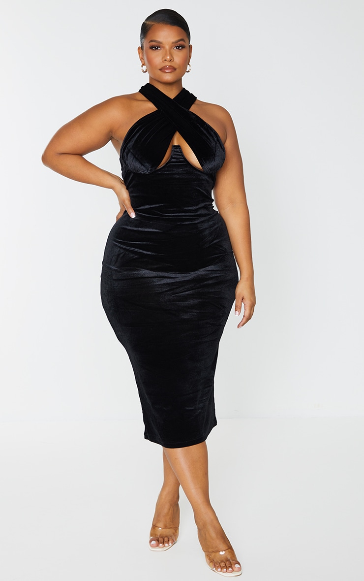 Plus Black Velvet Underwired Cross Front Midi Dress