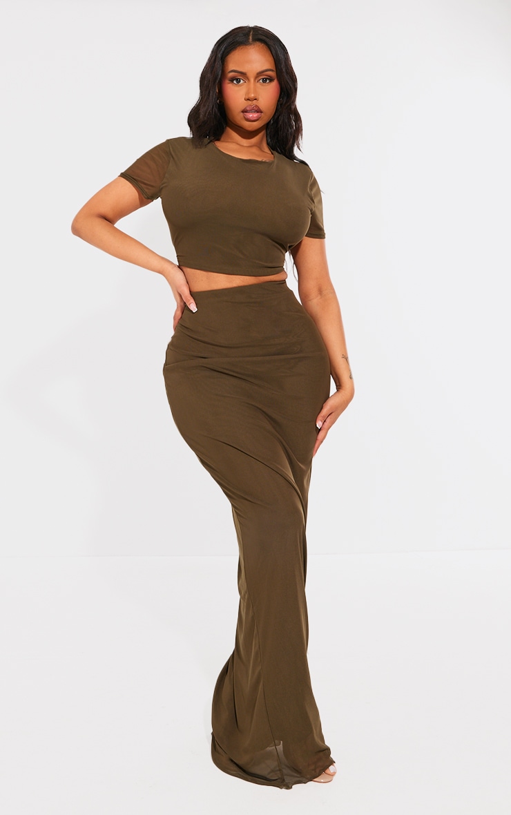 Shape Olive Mesh Printed Detail Maxi Skirt