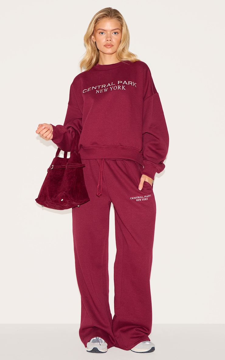 Burgundy Central Park Embroidered Wide Leg Joggers