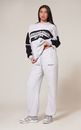 Ash Grey Print Embroidered Leisure Club Wide Leg Sweatpants