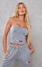 PRETTYLITTLETHING Grey Washed Rib Panel Bandeau Corset Top