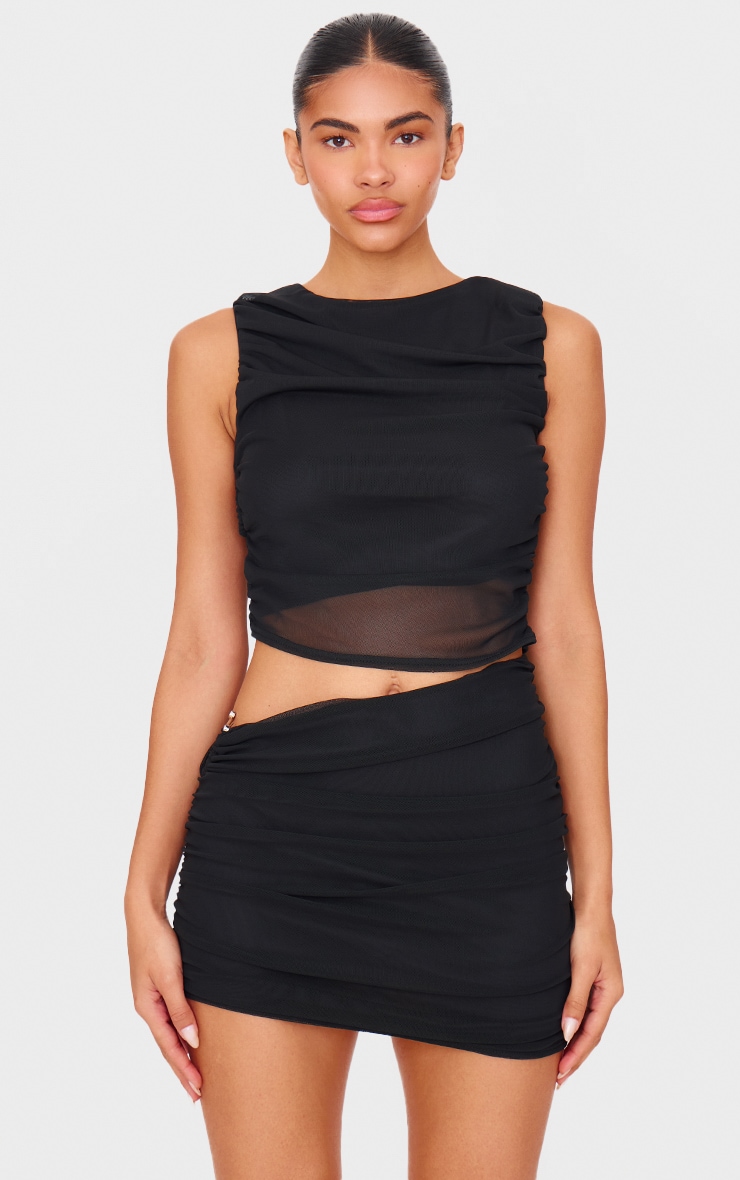 Black Mesh Ruched Trim Detail Crop Top