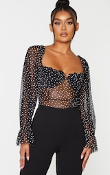 Black Mesh Polka Dot Milkmaid Bodysuit