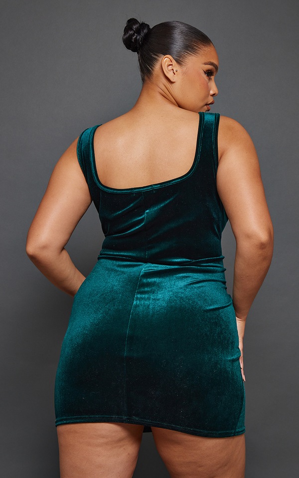 Plus Emerald Green Velvet Square Neck Bodycon Dress image 2