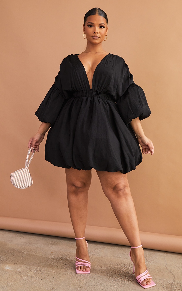 Plus Black Puff Sleeve Puffball Hem Dress