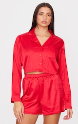 Red Satin Cropped Short Pj Set