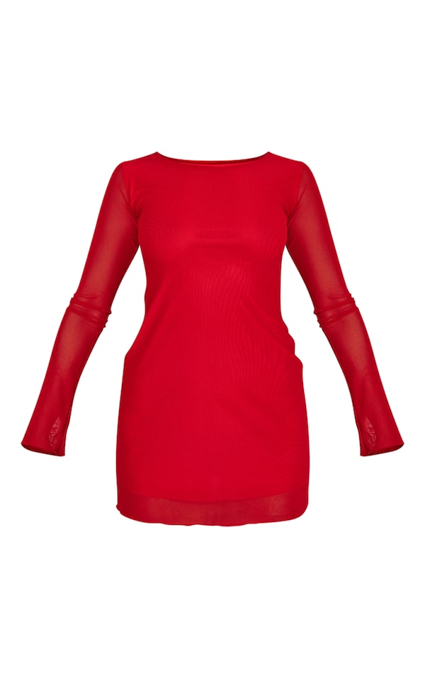 Red Mesh Long Sleeve Mini Dress image 5