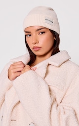 PRETTYLITTLETHING Cream Logo Rib Beanie