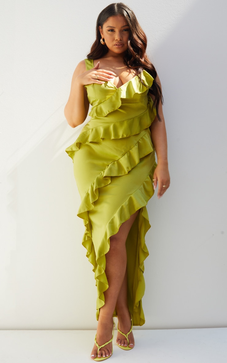 Plus Olive Satin Frill Layered Maxi Dress