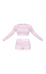 Pink Fairisle Print Lace Trim Short PJ Set