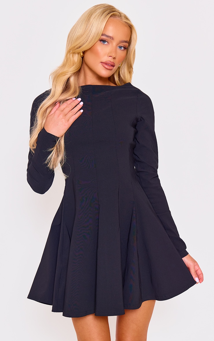 Black Stretch Woven Boat Neck Long Sleeve Pleated Shift Dress