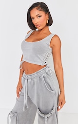 Shape Light Grey Washed Lace Up Toggle Scoop Neck Crop Top