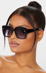 Black Oversized Gold Trim Square Frame Sunglasses