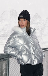 PRETTYLITTLETHING SKI Silver Quilted Cropped Puffer Coat