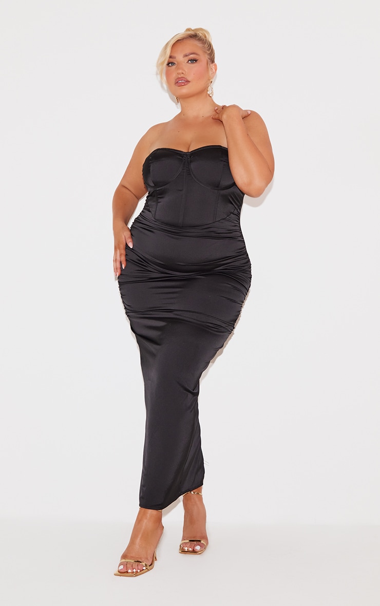 Plus Black Satin Ruched Cupped Maxi Dress